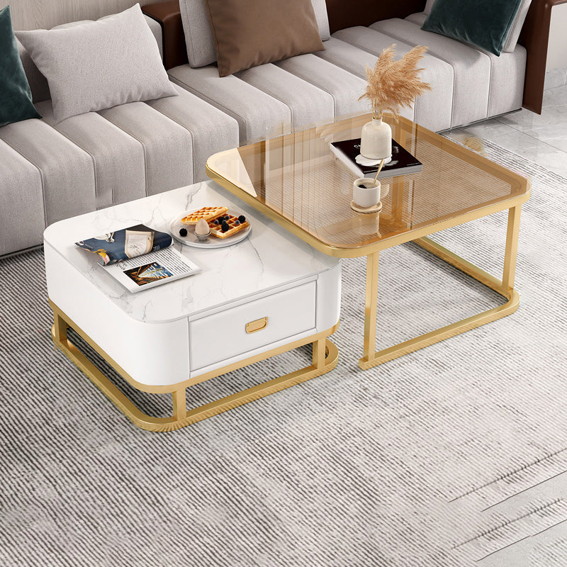 Frame Coffee Table Modern Slate Cocktail Table with Storage Drawers 28"L x 28"W x 18"H + 24"L x 24"W x 15"H Gold White Clearhalo 'Coffee & Accent Tables' 'Coffee Tables' 'coffee_tables' 'furn' 'furn_coffee_tables' 'Furniture' 'Living Room Furniture' 7414248