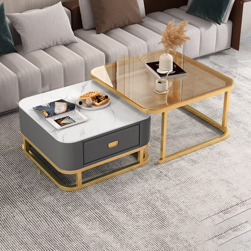 Frame Coffee Table Modern Slate Cocktail Table with Storage Drawers 28"L x 28"W x 18"H + 24"L x 24"W x 15"H Gold White Grey Clearhalo 'Coffee & Accent Tables' 'Coffee Tables' 'coffee_tables' 'furn' 'furn_coffee_tables' 'Furniture' 'Living Room Furniture' 7414250