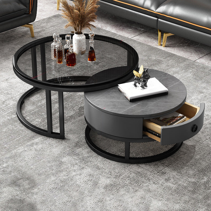 Frame Coffee Table Modern Slate Cocktail Table with Storage Drawers 31.5"L x 31.5"W x 17"H + 24"L x 24"W x 15"H Black Gray Clearhalo 'Coffee & Accent Tables' 'Coffee Tables' 'coffee_tables' 'furn' 'furn_coffee_tables' 'Furniture' 'Living Room Furniture' 7414261