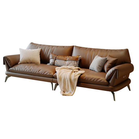Brown Genuine Leather Sofa Loose Back Flared Arm Sofa with Pillows
