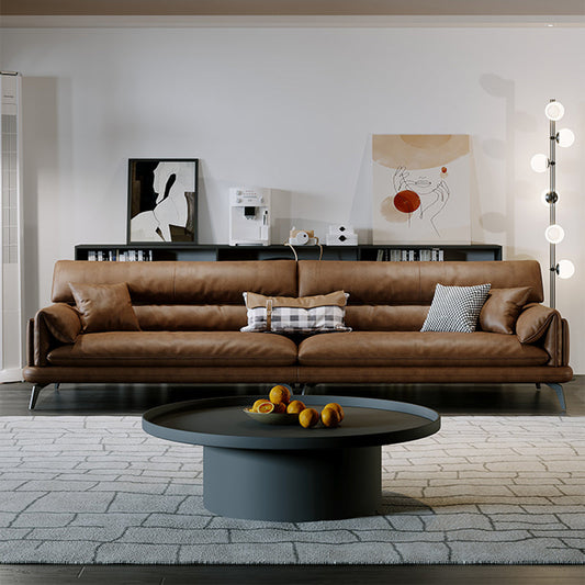 Pillow Top Arm Sofa in Brown Genuine Leather Sewn Pillow Back Sofa