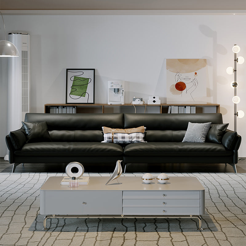 Schwarzes Sofa aus echtem Leder, Mid-Century Modern, Pillow-Top-Arm-Sofa – 33,5" H