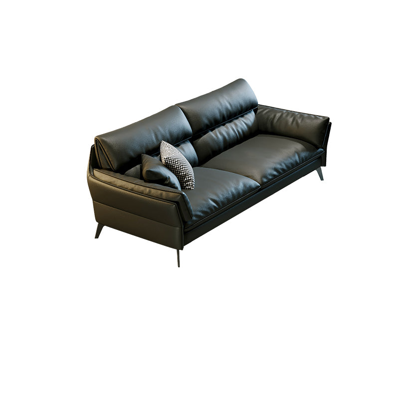 Schwarzes Sofa aus echtem Leder, Mid-Century Modern, Pillow-Top-Arm-Sofa – 33,5" H