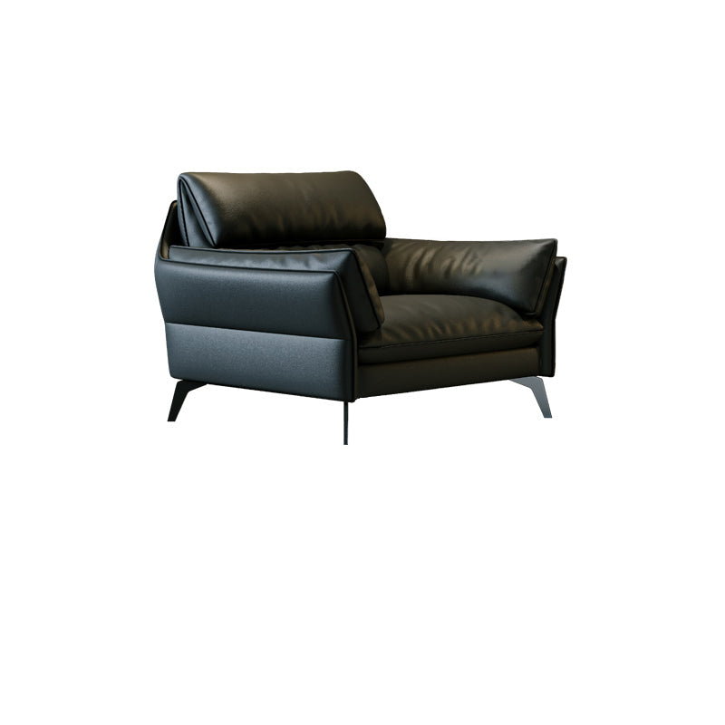 Schwarzes Sofa aus echtem Leder, Mid-Century Modern, Pillow-Top-Arm-Sofa – 33,5" H