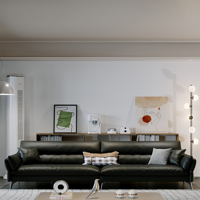 Schwarzes Sofa aus echtem Leder, Mid-Century Modern, Pillow-Top-Arm-Sofa – 33,5" H