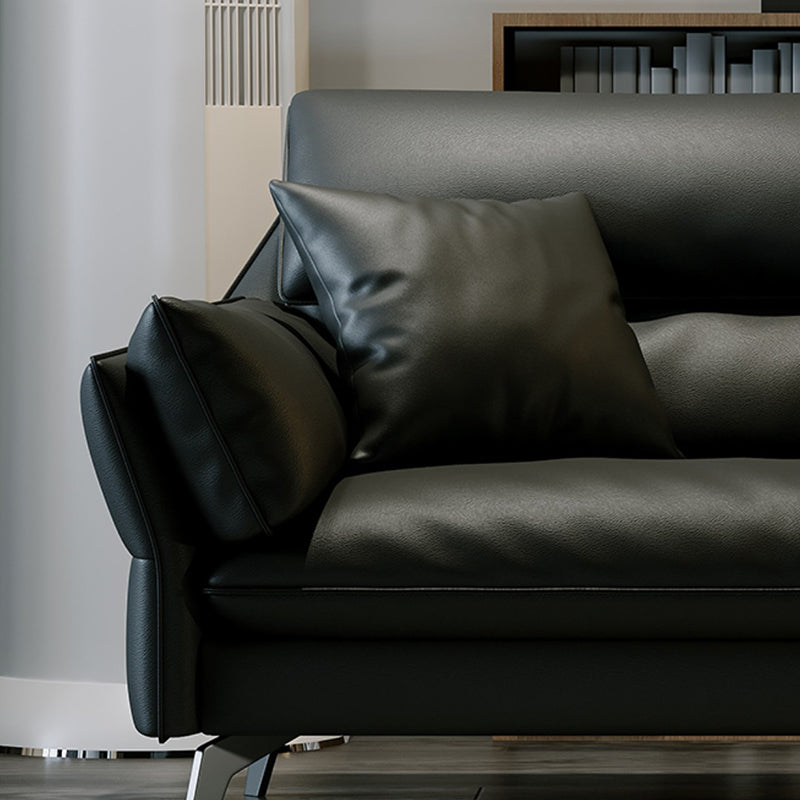 Schwarzes Sofa aus echtem Leder, Mid-Century Modern, Pillow-Top-Arm-Sofa – 33,5" H