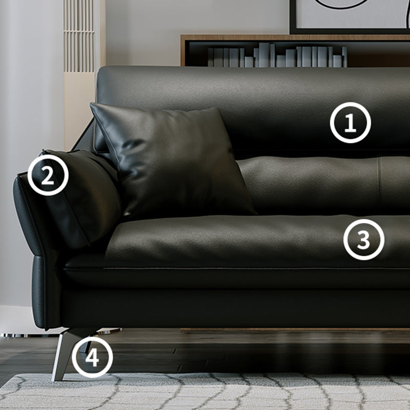 Schwarzes Sofa aus echtem Leder, Mid-Century Modern, Pillow-Top-Arm-Sofa – 33,5" H