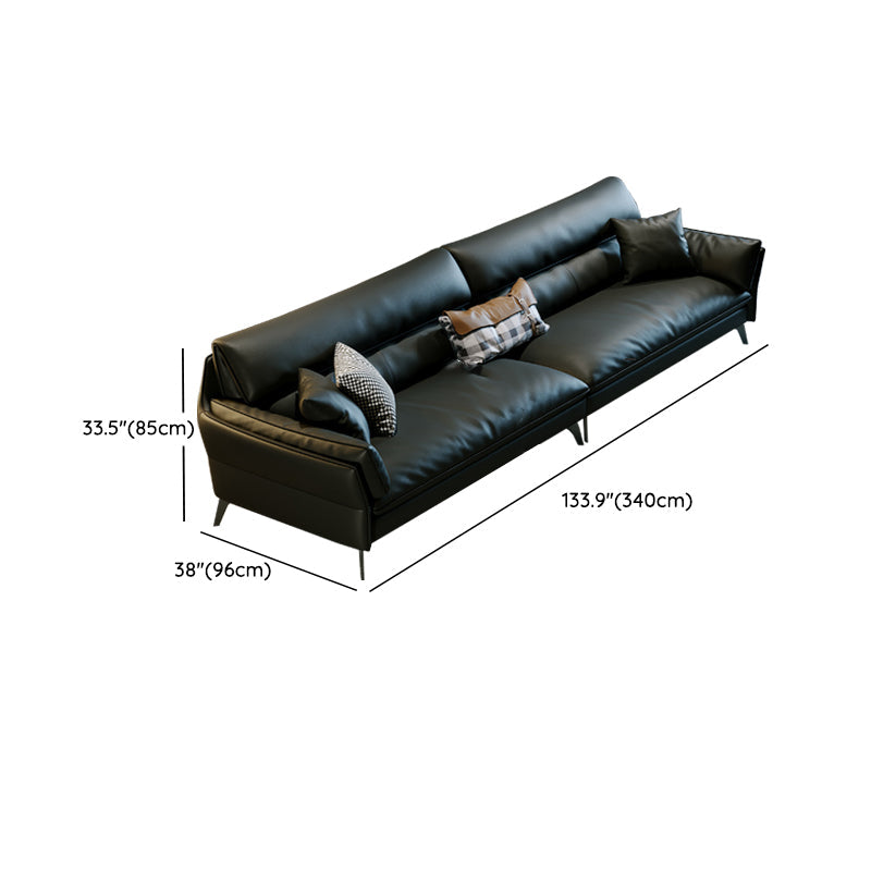 Schwarzes Sofa aus echtem Leder, Mid-Century Modern, Pillow-Top-Arm-Sofa – 33,5" H