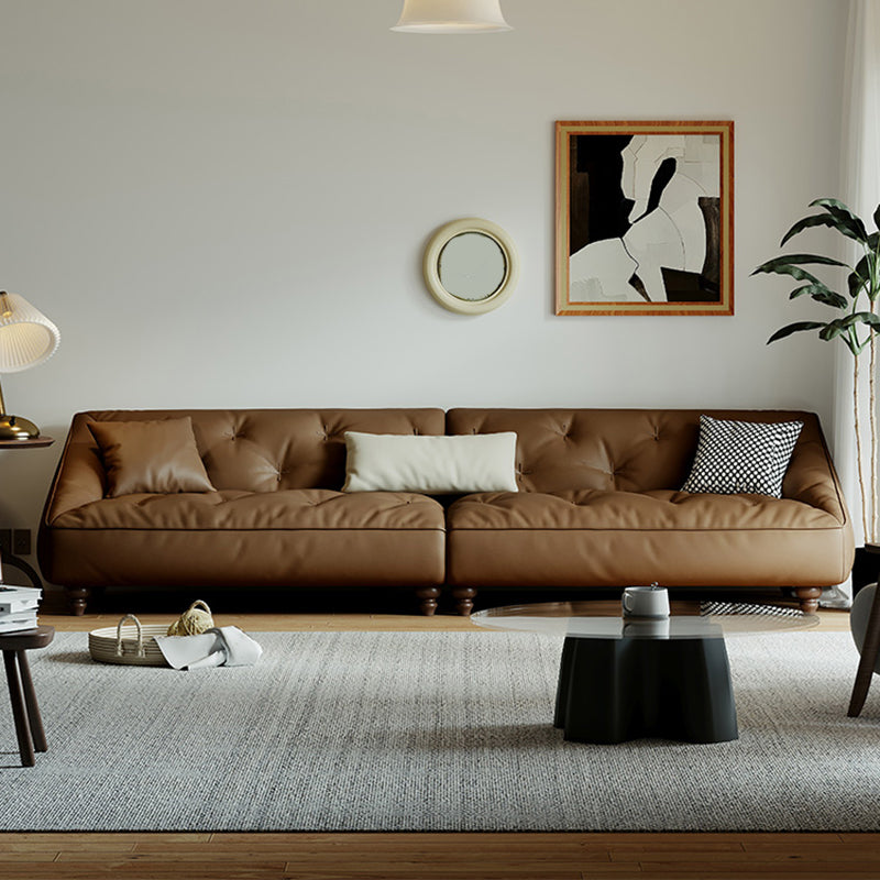 Mid-Century Modern Sloped Arm Sofa Tufted Genuine Leather Sofa in Brown