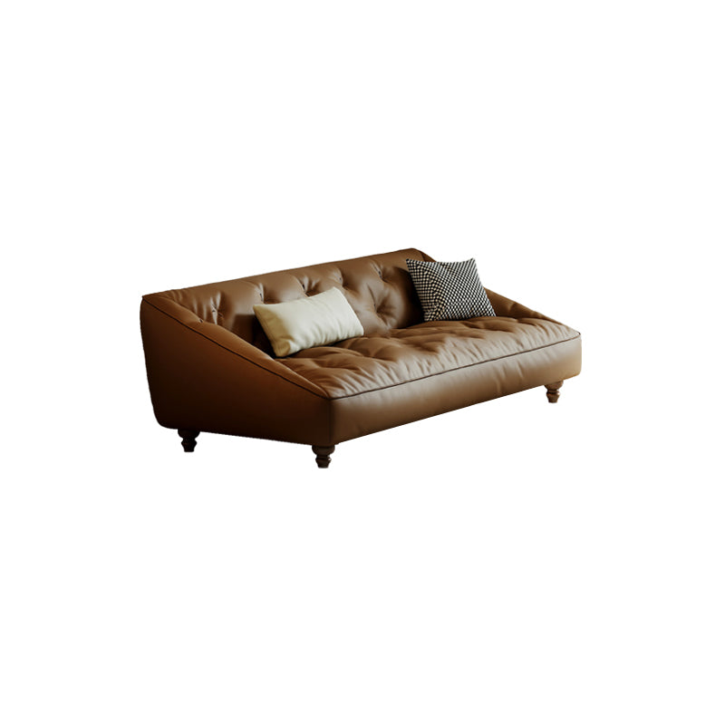 Mid-Century Modern Sloped Arm Sofa Tufted Genuine Leather Sofa in Brown