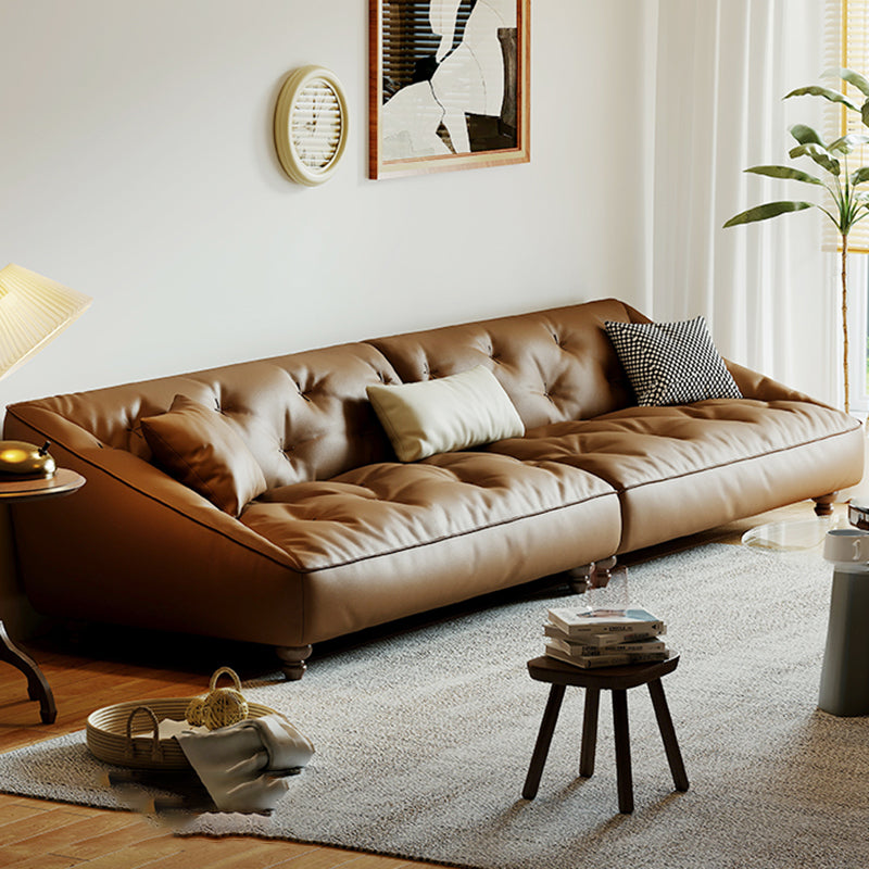 Mid-Century Modern Sloped Arm Sofa Tufted Genuine Leather Sofa in Brown