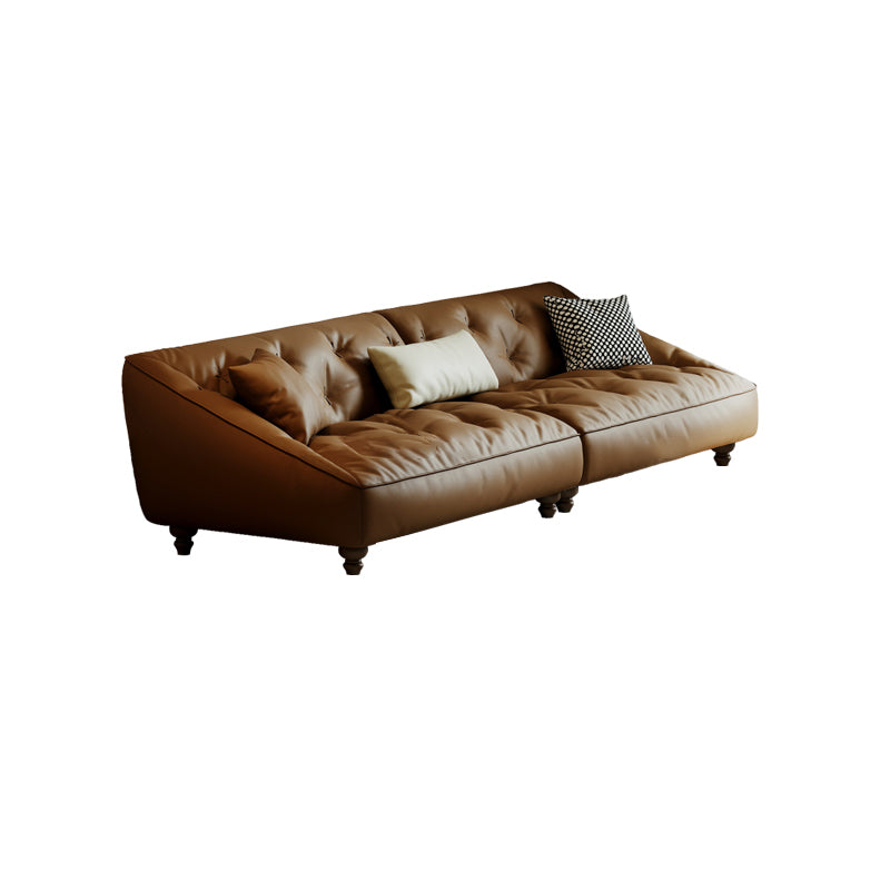 Mid-Century Modern Sloped Arm Sofa Tufted Genuine Leather Sofa in Brown