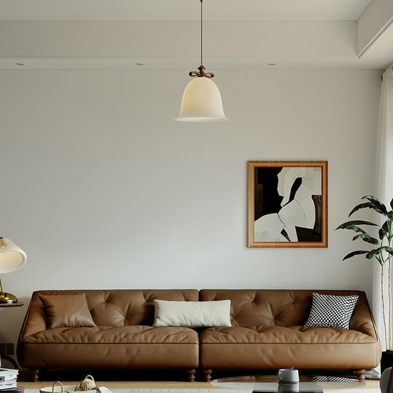 Mid-Century Modern Sloped Arm Sofa Tufted Genuine Leather Sofa in Brown