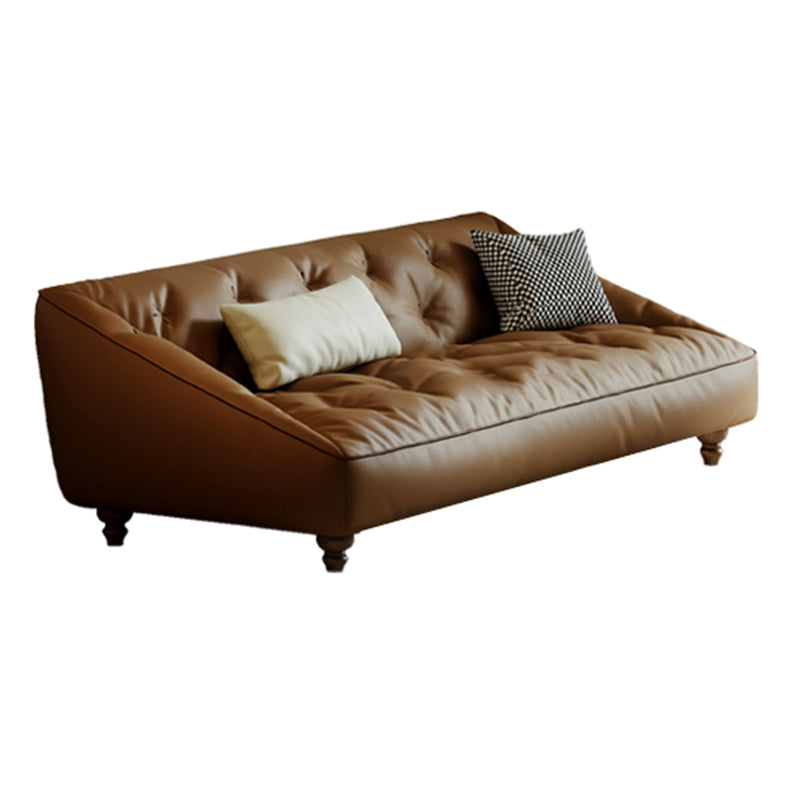 Mid-Century Modern Sloped Arm Sofa Tufted Genuine Leather Sofa in Brown