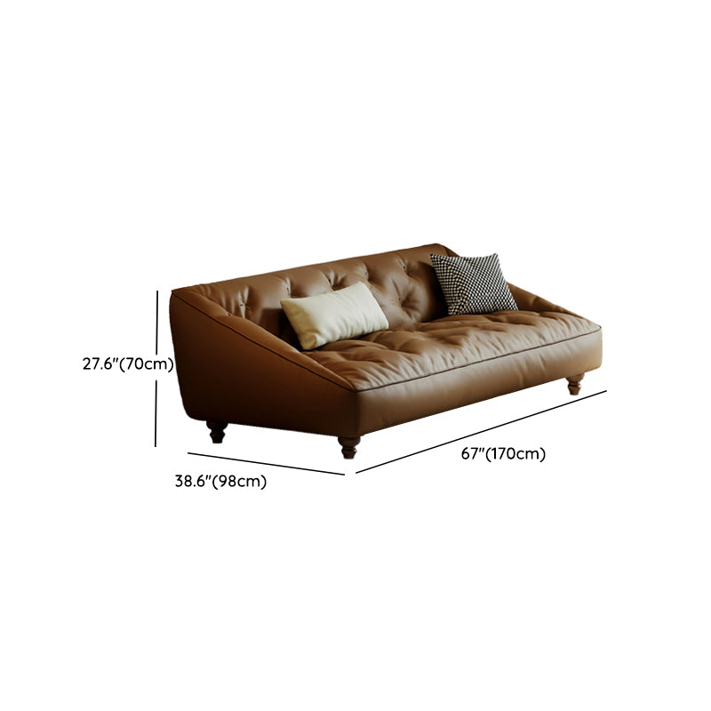Mid-Century Modern Sloped Arm Sofa Tufted Genuine Leather Sofa in Brown