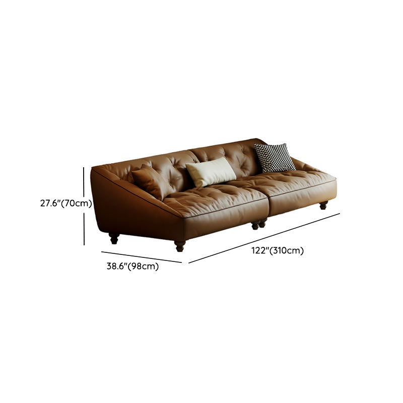Mid-Century Modern Sloped Arm Sofa Tufted Genuine Leather Sofa in Brown
