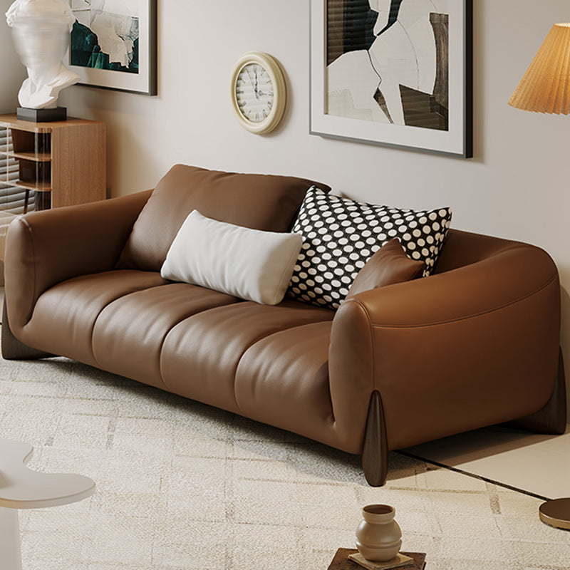 Genuine Leather Square Arm Sofa in Brown Simple Standard Sofa with Pillows