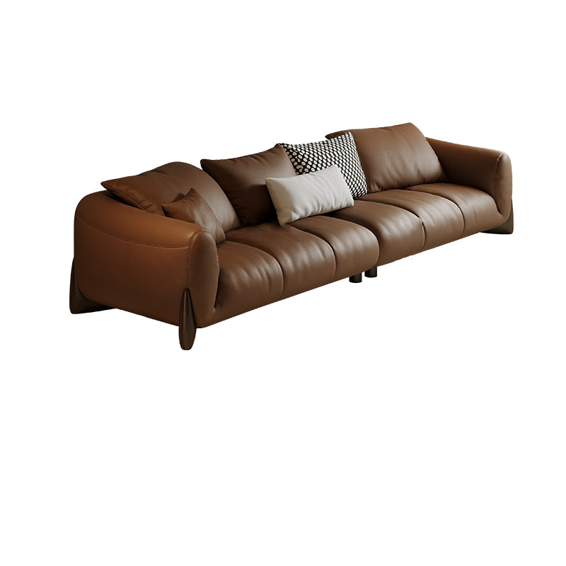 Genuine Leather Square Arm Sofa in Brown Simple Standard Sofa with Pillows