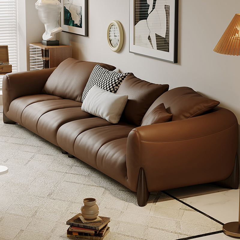 Genuine Leather Square Arm Sofa in Brown Simple Standard Sofa with Pillows