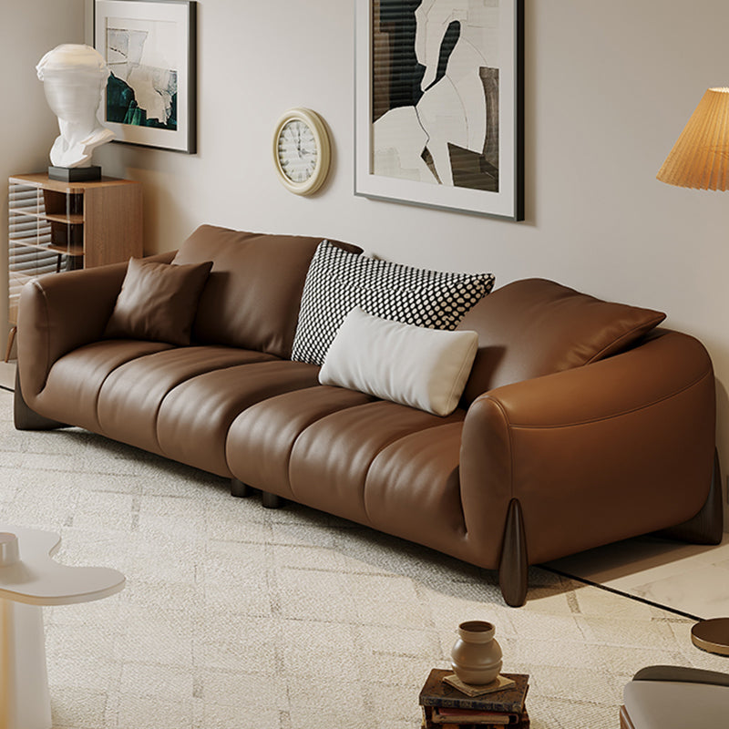Genuine Leather Square Arm Sofa in Brown Simple Standard Sofa with Pillows