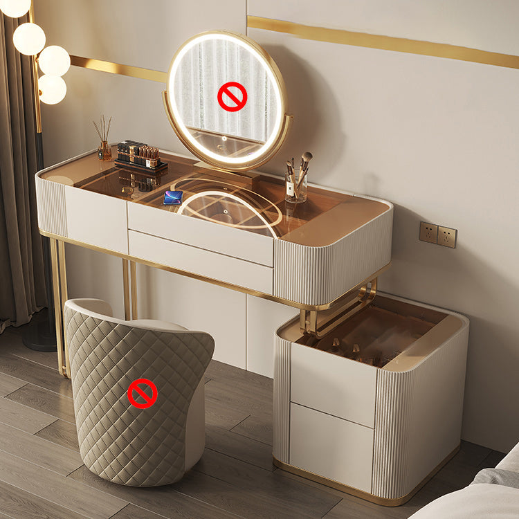 Tavolo da vanità in vetro minimalismo con specchio e sgabelli 5 cassetti beige tavolo da toeletta