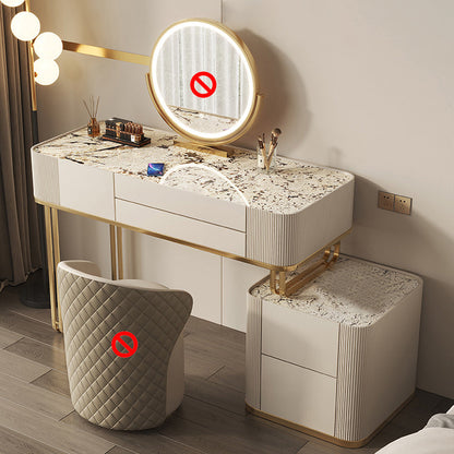 Tavolo da vanità in vetro minimalismo con specchio e sgabelli 5 cassetti beige tavolo da toeletta