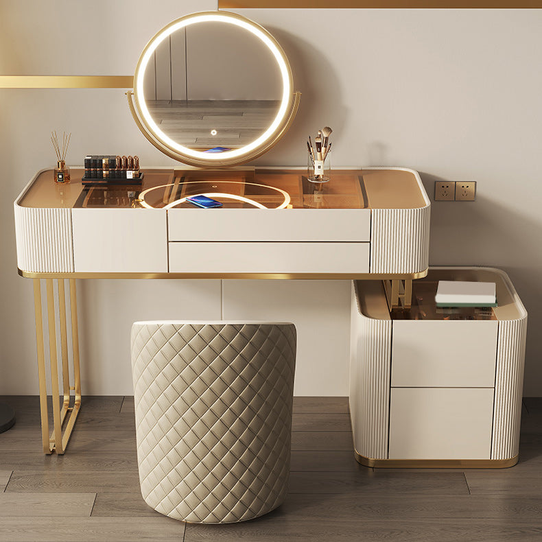 Tavolo da vanità in vetro minimalismo con specchio e sgabelli 5 cassetti beige tavolo da toeletta