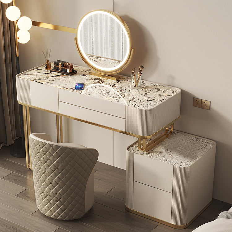 Tavolo da vanità in vetro minimalismo con specchio e sgabelli 5 cassetti beige tavolo da toeletta