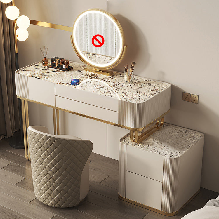 Tavolo da vanità in vetro minimalismo con specchio e sgabelli 5 cassetti beige tavolo da toeletta