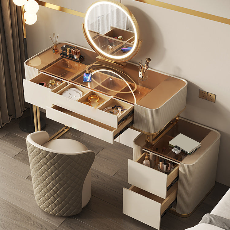 Tavolo da vanità in vetro minimalismo con specchio e sgabelli 5 cassetti beige tavolo da toeletta