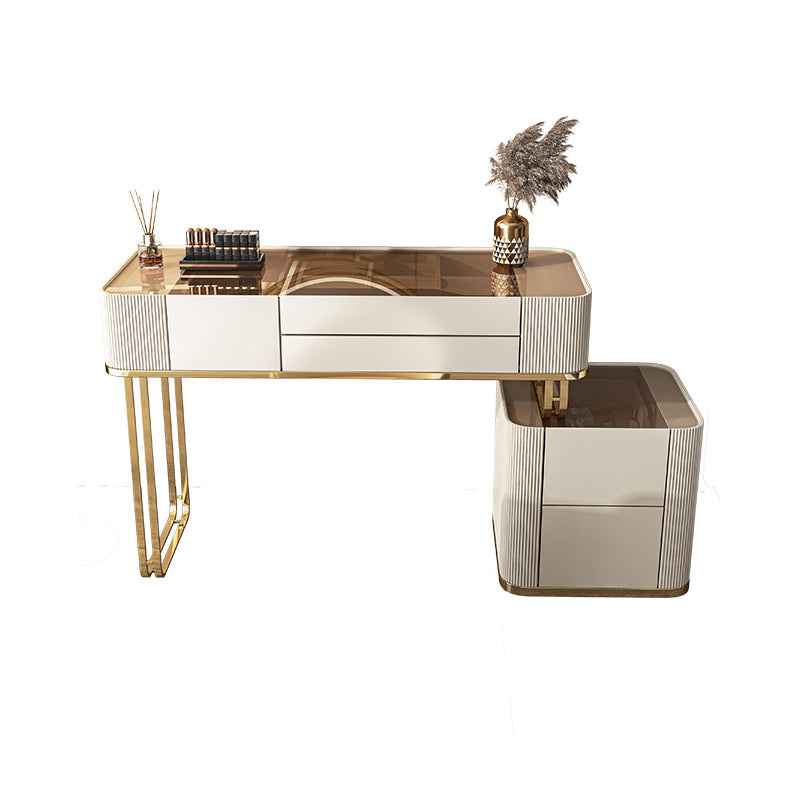 Tavolo da vanità in vetro minimalismo con specchio e sgabelli 5 cassetti beige tavolo da toeletta