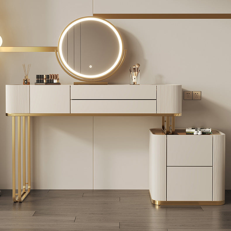 Tavolo da vanità in vetro minimalismo con specchio e sgabelli 5 cassetti beige tavolo da toeletta