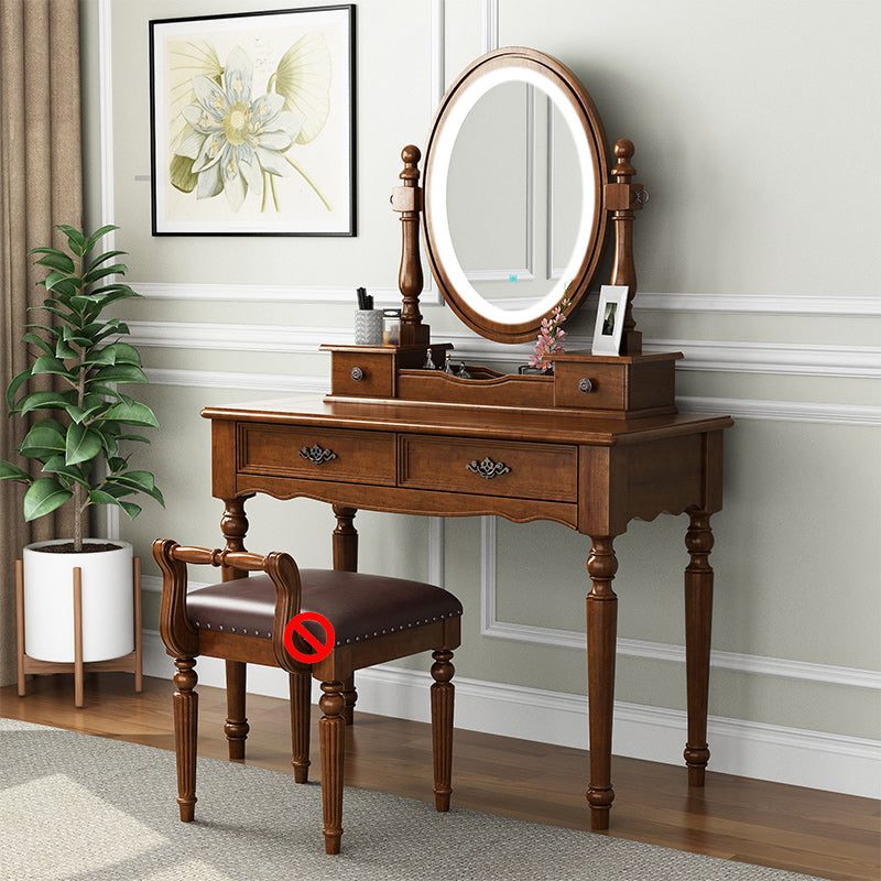 Vanity di trucco in legno in solido marrone con cassetti e tavolo da toeletta a specchio