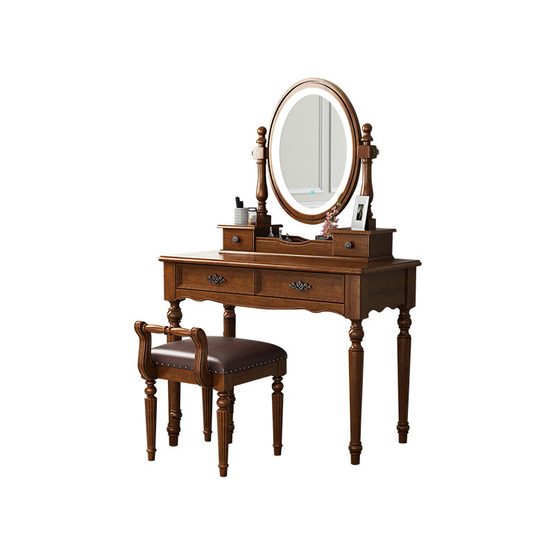 Vanity di trucco in legno in solido marrone con cassetti e tavolo da toeletta a specchio