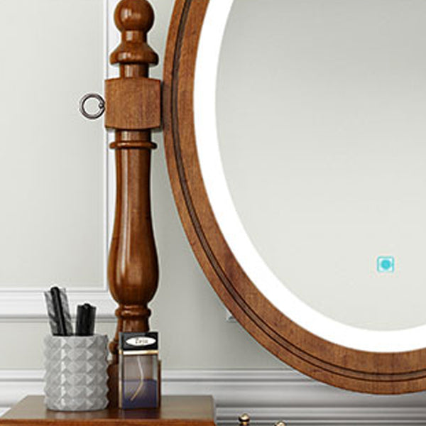 Vanity di trucco in legno in solido marrone con cassetti e tavolo da toeletta a specchio