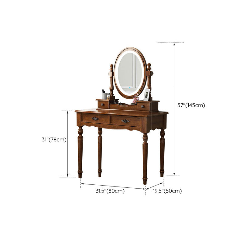 Vanity di trucco in legno in solido marrone con cassetti e tavolo da toeletta a specchio
