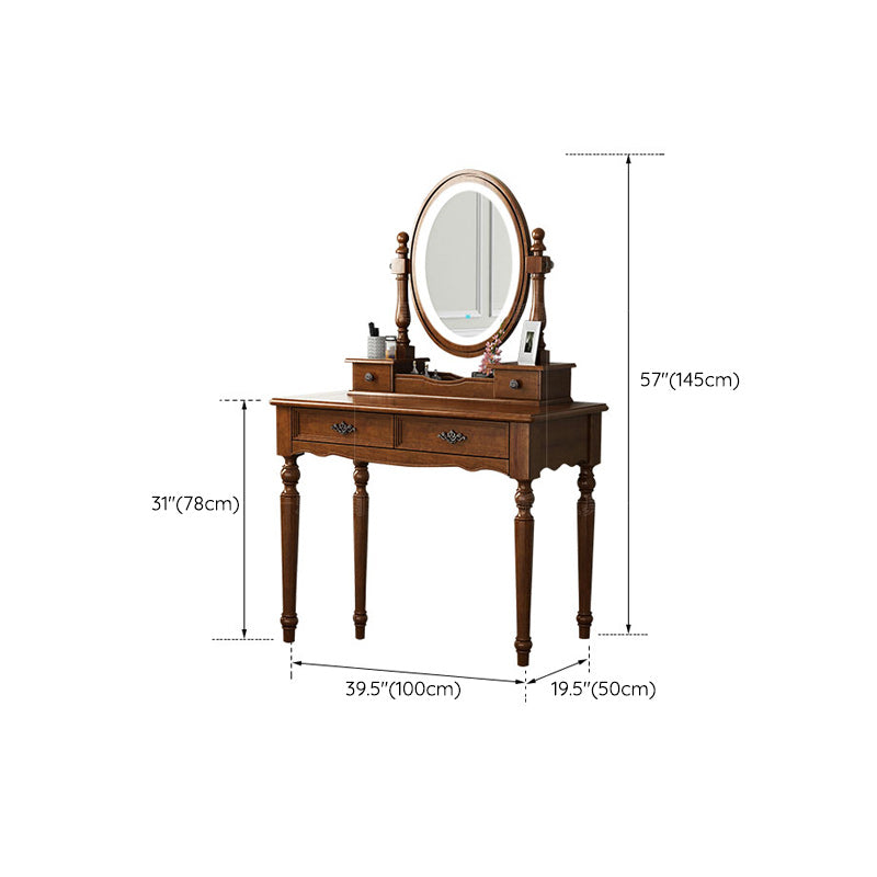 Vanity di trucco in legno in solido marrone con cassetti e tavolo da toeletta a specchio
