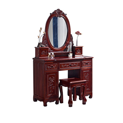 Traditions Red Oak Vanity Set Solid Wood Vanity with Drawers and Mirror Makeup Vanity & Mirror & Stools 42.5"L x 18"W x 69"H