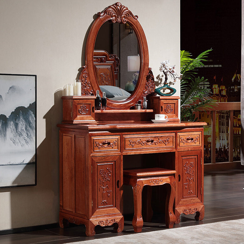Solid Wood Red and Brown Makeup Table Vanity with Drawer and Mirror