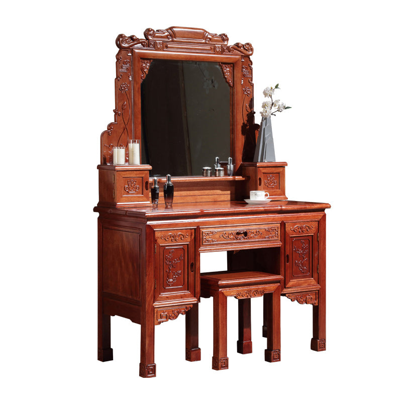 Solid Wood Red and Brown Makeup Table Vanity with Drawer and Mirror