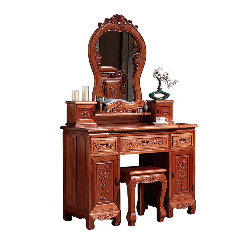 Solid Wood Red and Brown Makeup Table Vanity with Drawer and Mirror