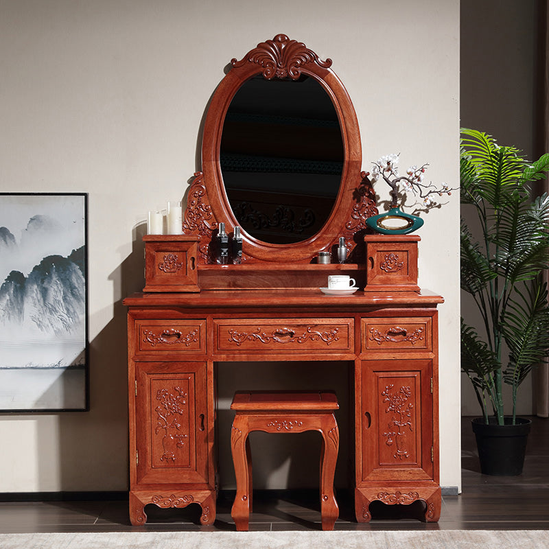 Solid Wood Red and Brown Makeup Table Vanity with Drawer and Mirror