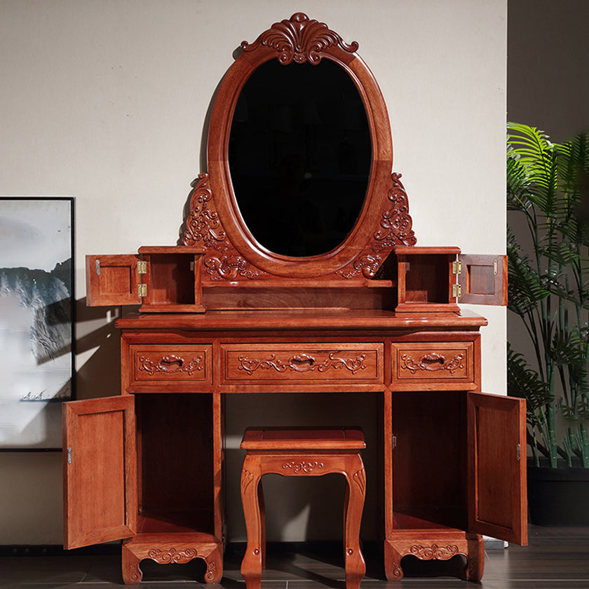 Solid Wood Red and Brown Makeup Table Vanity with Drawer and Mirror