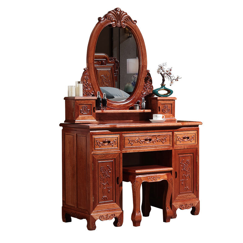 Solid Wood Red and Brown Makeup Table Vanity with Drawer and Mirror