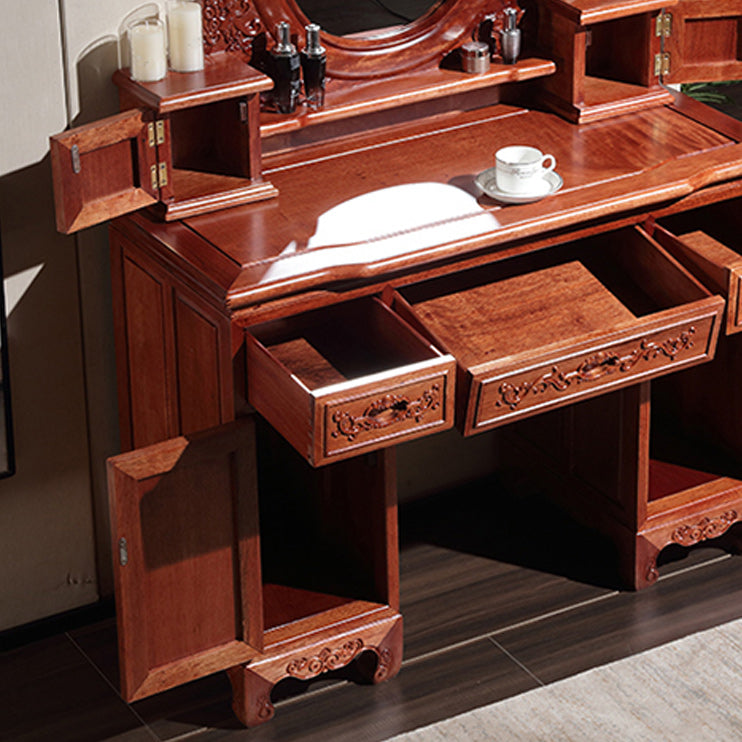 Solid Wood Red and Brown Makeup Table Vanity with Drawer and Mirror