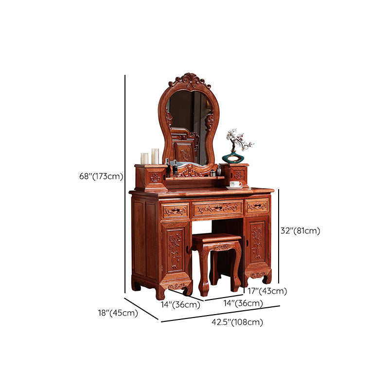 Solid Wood Red and Brown Makeup Table Vanity with Drawer and Mirror