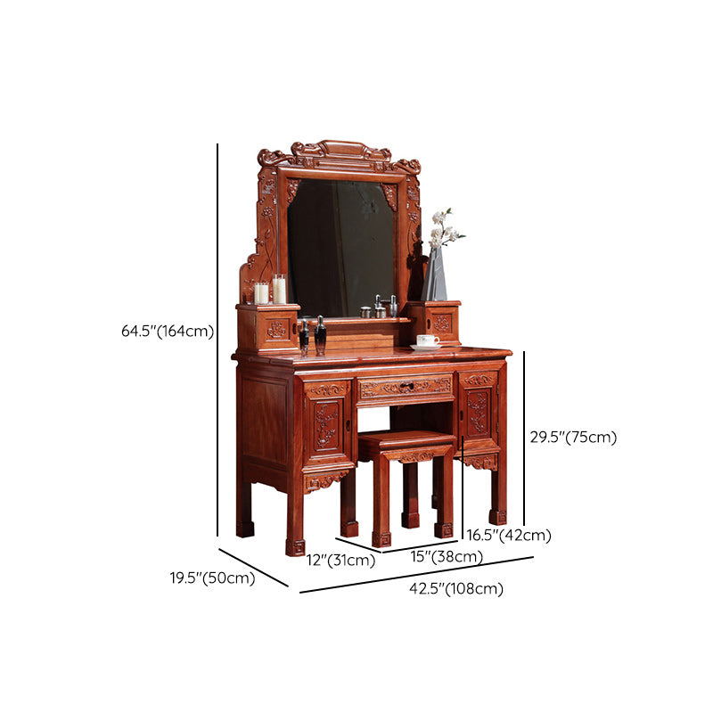 Solid Wood Red and Brown Makeup Table Vanity with Drawer and Mirror