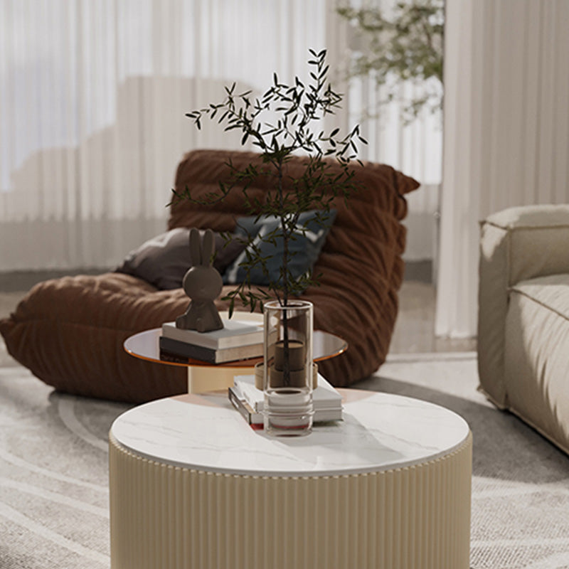 Round Slate Top Coffee Table Glam Drum Coffee Cocktail Table