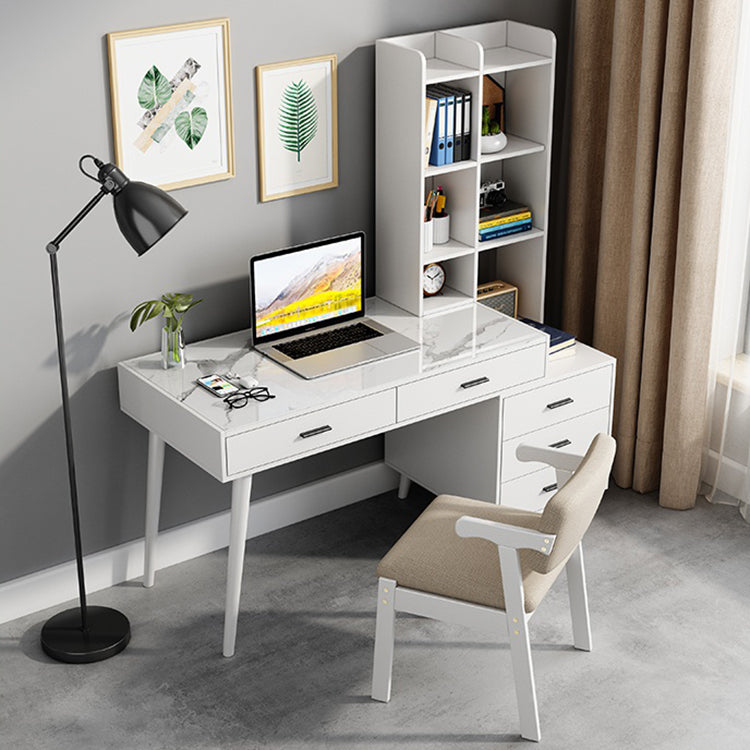 Mesa de escritura de piedra blanca de la oficina de la oficina de forma rectangular con 5 cajones