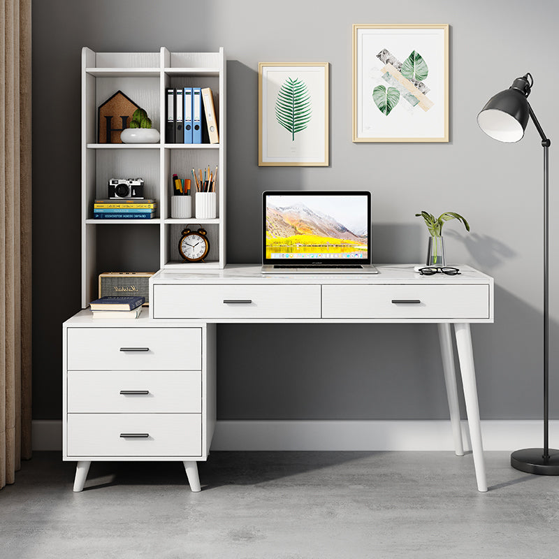 Mesa de escritura de piedra blanca de la oficina de la oficina de forma rectangular con 5 cajones